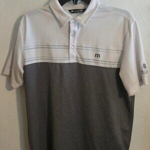 Travis Mathew Polo Medium Grey White Colorblock C.C. Logo Performance Golf Shirt
